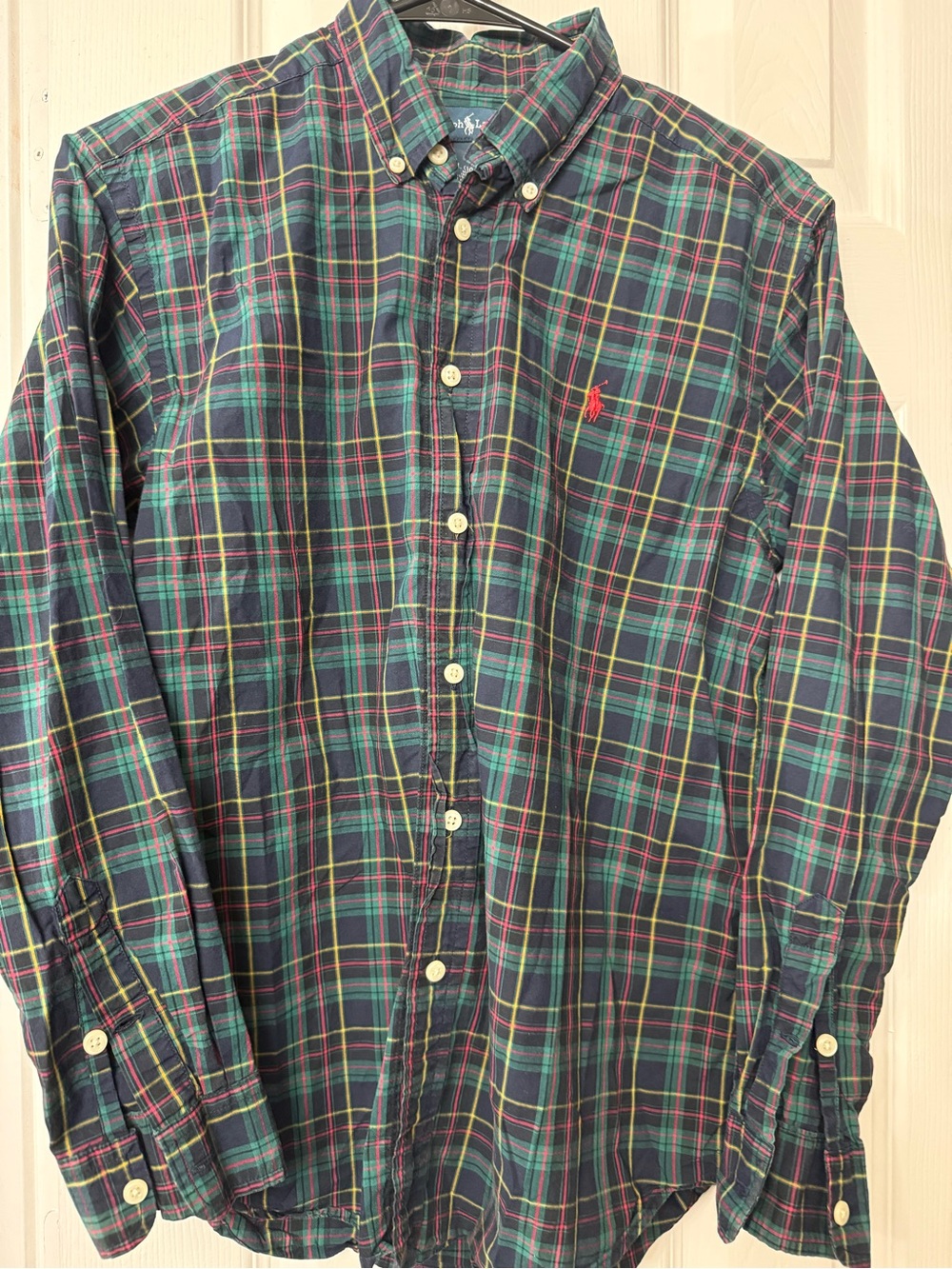 Ralph Lauren Navy and Green Plaid Button-Down Shirt 14/16 (251)